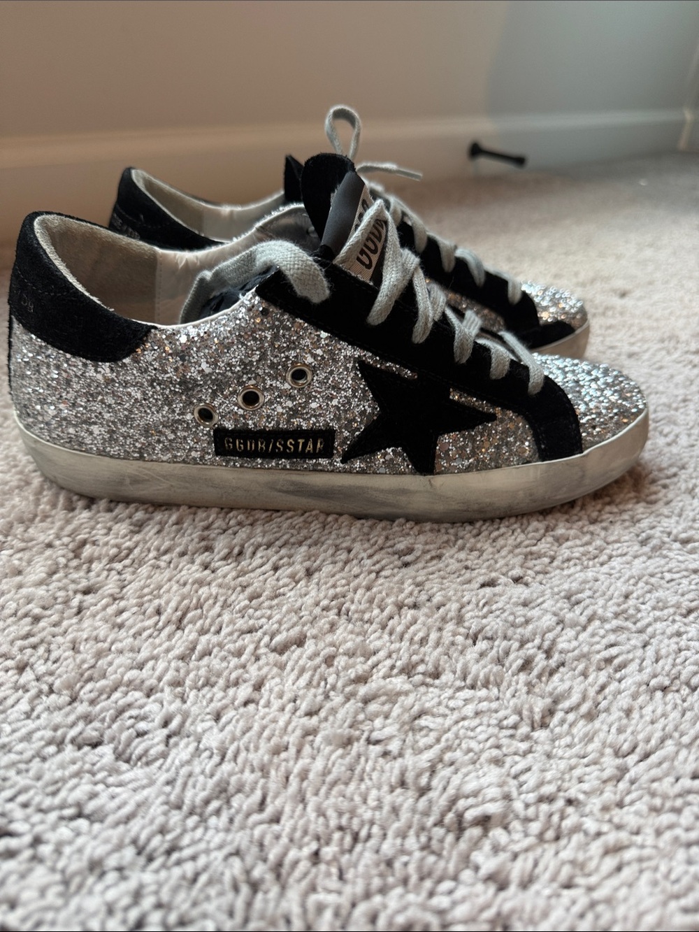 Golden Goose Silver Glitter Black Star Low-Top Sneakers